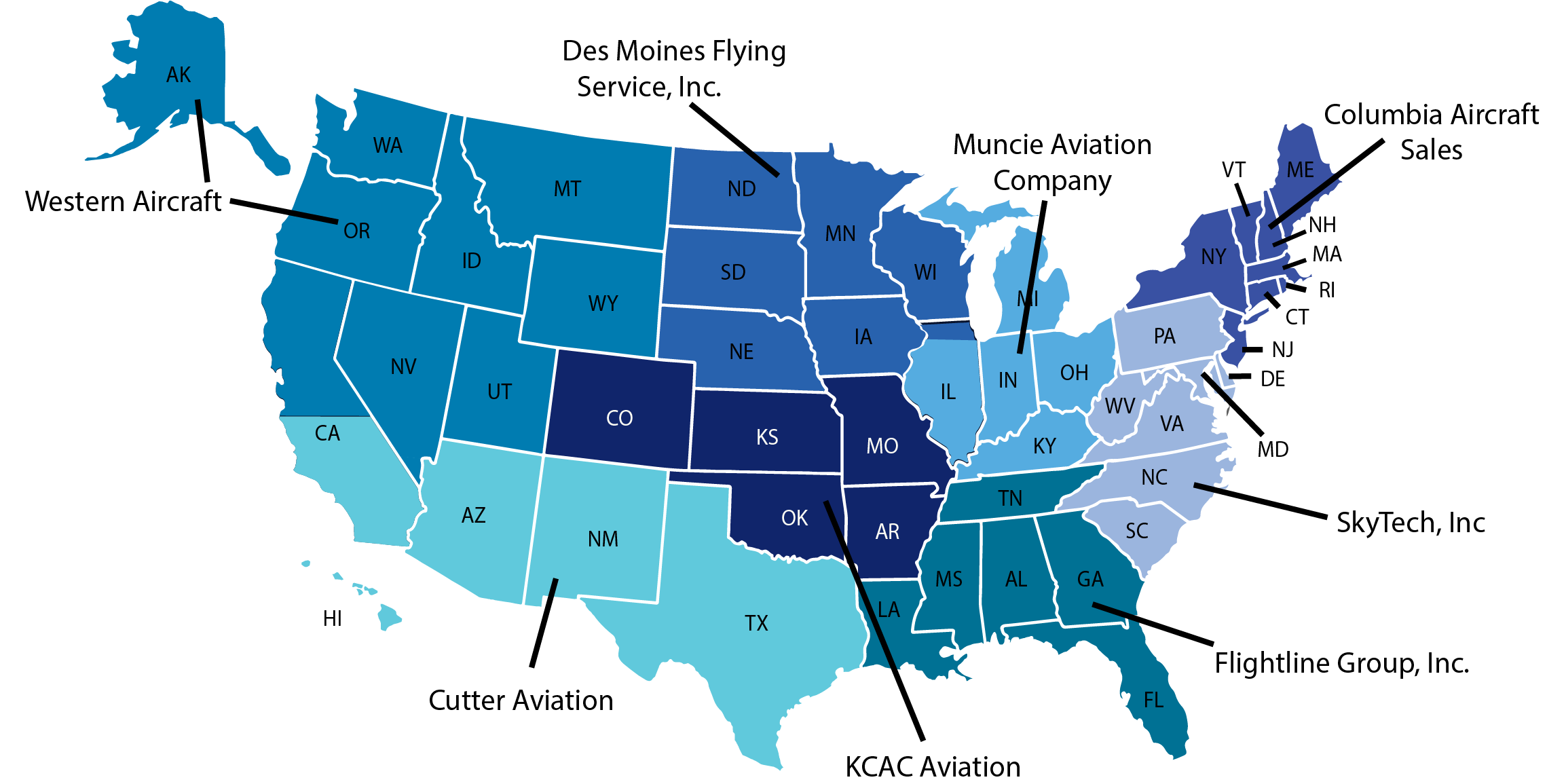 A map of the United States showing different Piper Aircraft dealers